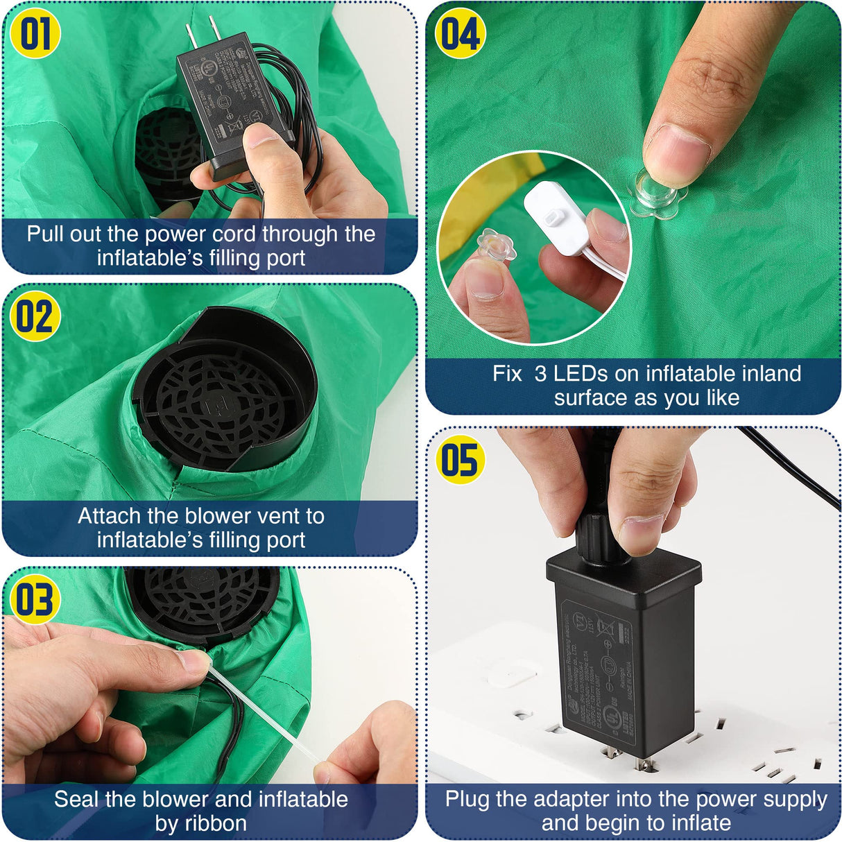 Hiboom Replacement Fan Blower, 12V 1.2A Mini Air Blower with 3 LED Light String for Inflatables Indoor Outdoor, 12V 1.5A Adapter for Christmas Xmas Holiday Inflatables Fan Blower (1 Set)