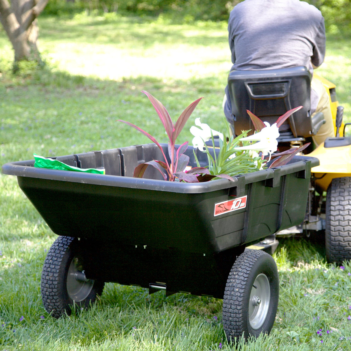 Brinly 10 cu.ft. 650lb Heavy Duty Tow-Behind Poly Utility Cart & Dump Trailer with Magnetic Hitch Pin & Compression Molded Bed