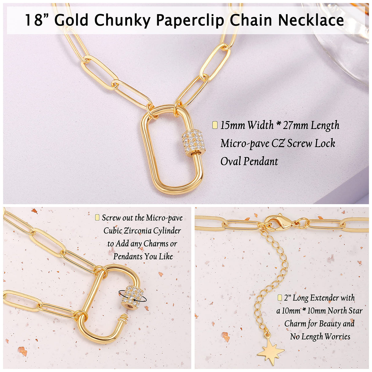 Aobei Pearl 18K Gold Paperclip Chain Necklace Fashion CZ Pave Oval Screw Lock Carabiner Clasp Pendant Necklace Geometric Link Chain Layering Jewelry for Women