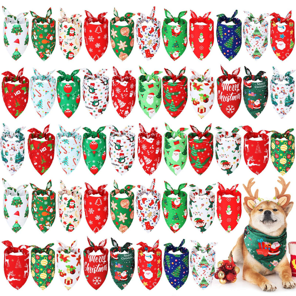 Abbylike 50 Pcs Christmas Dog Bandanas Bulk Xmas Bandanas for Dogs Triangle Kerchief Bibs Scarf Set for Pet Xmas Costume Photo Props Accessories Pet Shops Grooming, 25 Styles (25.6 x 17.7 x 17.7)