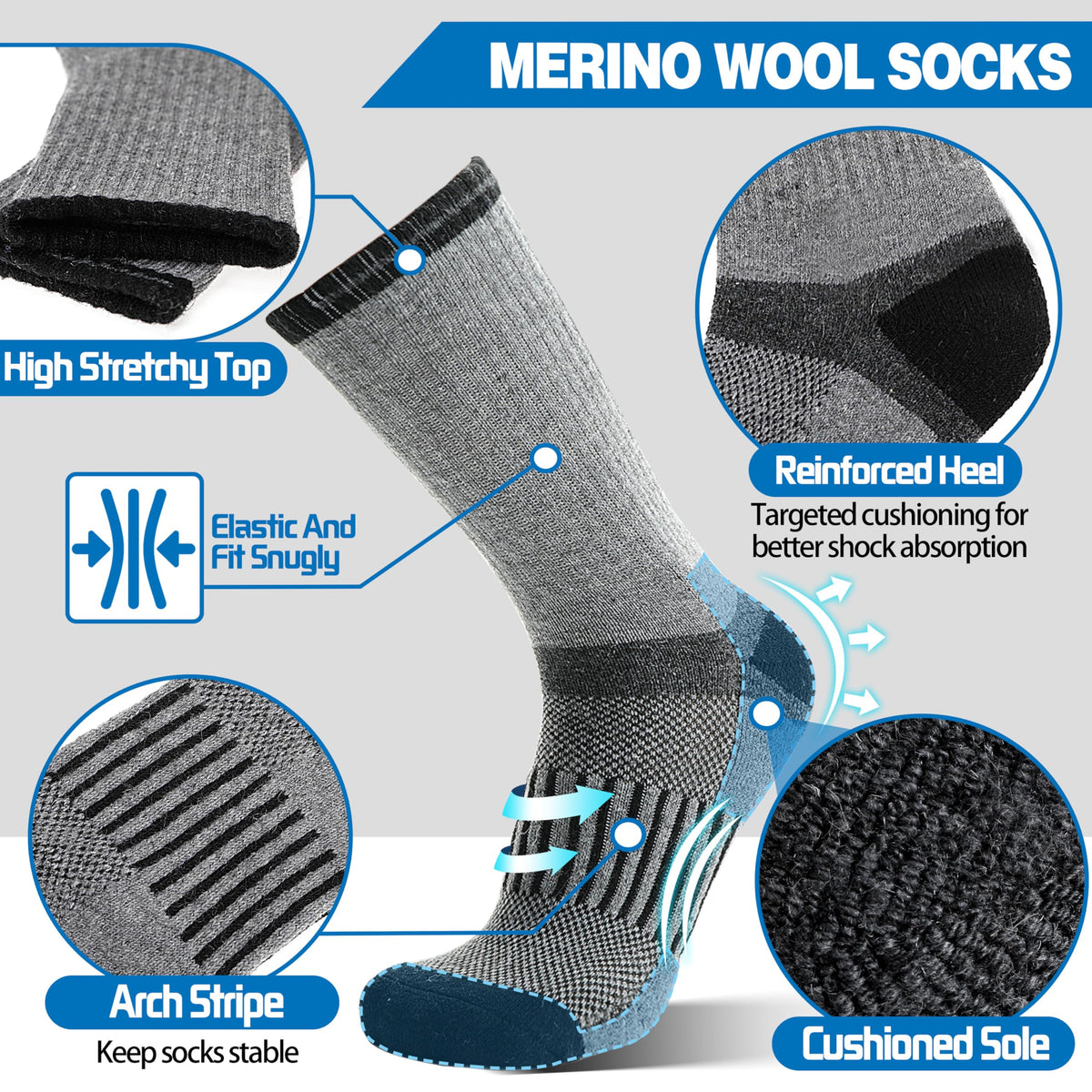 MOGGEI Merino Wool Hiking Socks for Men Warm Thermal Winter Cozy Work Crew Socks Gifts Stocking Stuffers 5 Pairs (Dark Pinstripes A,L)