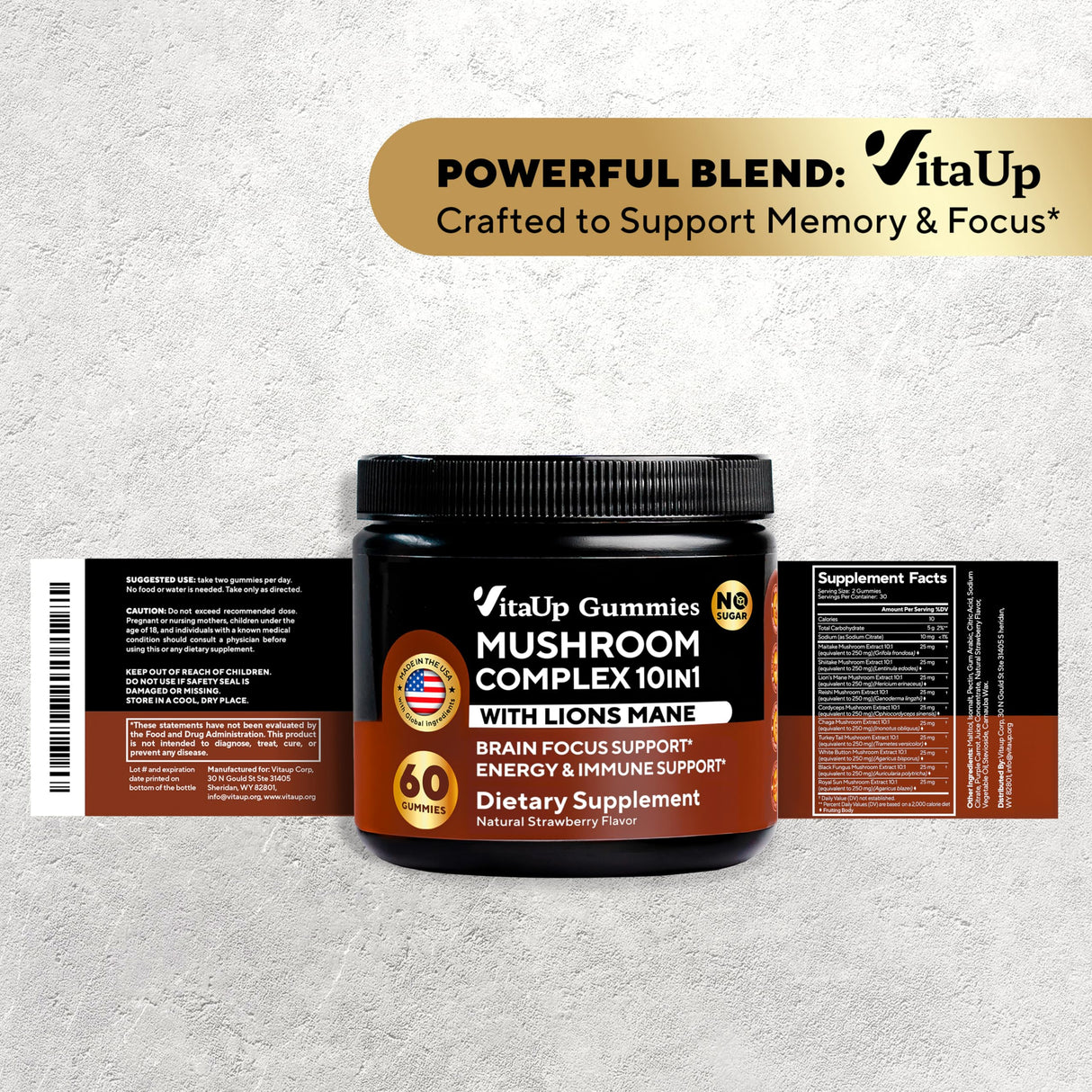 VitaUp Mushroom Gummies for Adults - USA Made 10 in 1 Mushroom Supplement - Mushroom Complex with Lions Mane, Cordyceps, Turkey Tail, Reishi, Shiitake for Cognitive & Immune Support - 60 Count