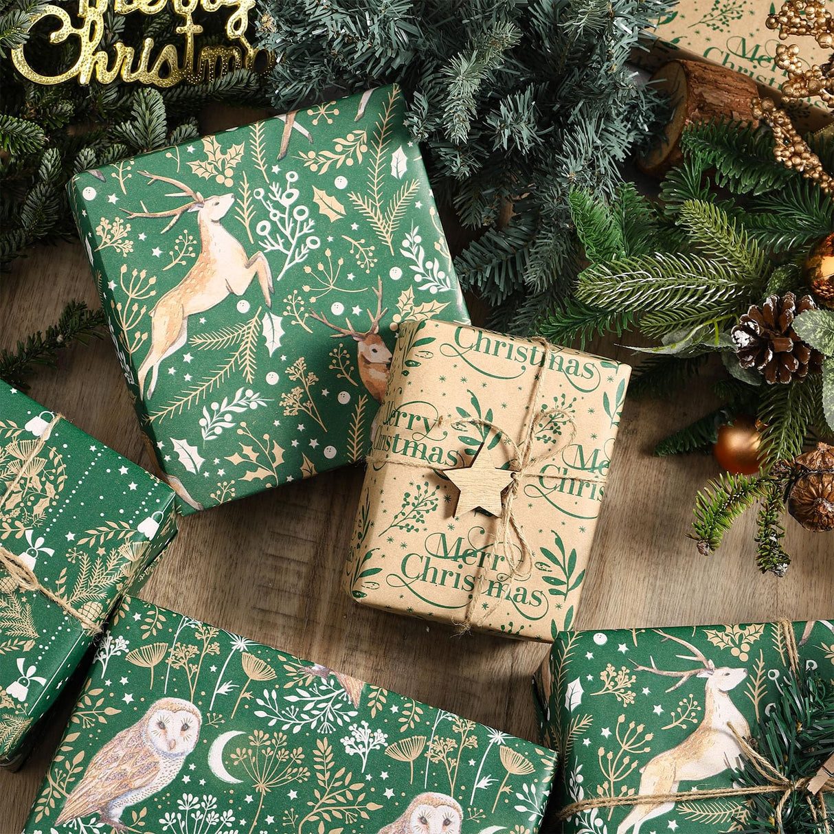 RUSPEPA Christmas Kraft Wrapping Paper - Owl, Reindeer, Christmas Ball and Text Design - 4 Rolls - 30 inches x 10 feet per Roll