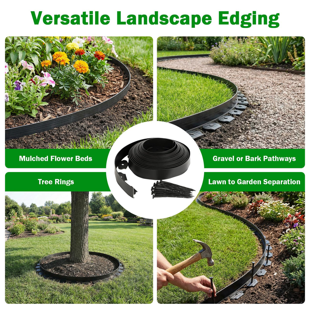 Tegarbed No Dig Landscape Edging 2 Inch x 100 FT, Heavy Duty Flexible Plastic Garden Border with 150 Spiral Spikes, Lawn Edging for Flower Beds, Walkways, Tree Rings, Mulch Beds and Landscaping, Black