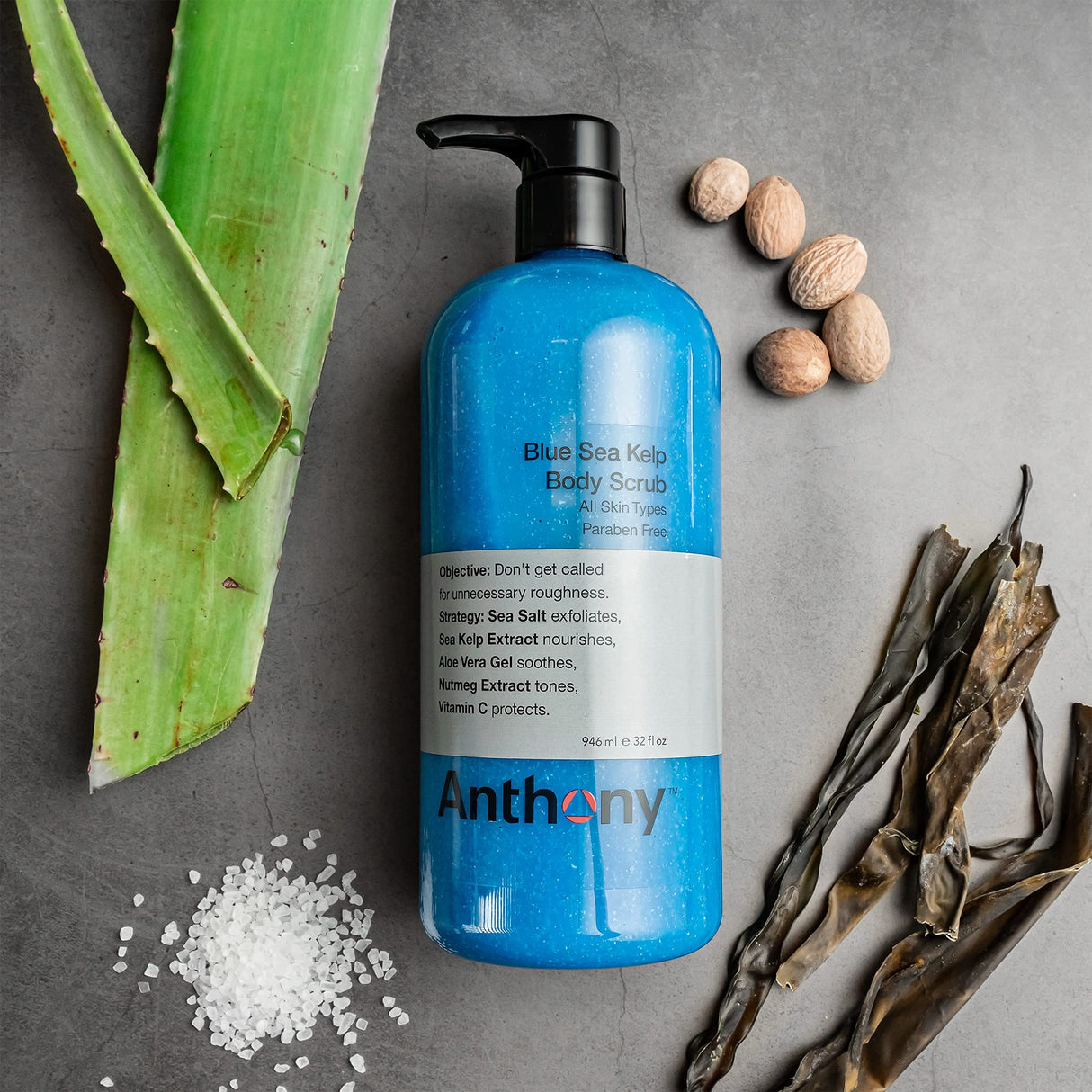 Anthony Exfoliating Body Scrub, Sea Salt, Vitamin C & Aloe Vera, Deep Cleans, Smooths Rough Patches, Soothes & Protects Skin, Hydrating Blue Sea Kelp Body Wash, 32 Fl Oz