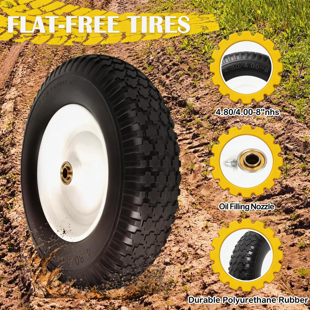 4.80/4.00-8 Wheelbarrow Tire Flat Free, 16'' Tire and Wheel 330LB Load Capacity, with 5/8" & 3/4" Bearings, 3''-4''-6''-7'' Adjustable Hub for Garden Cart, Hand Truck, Trolley, Wagon, 2 Pack