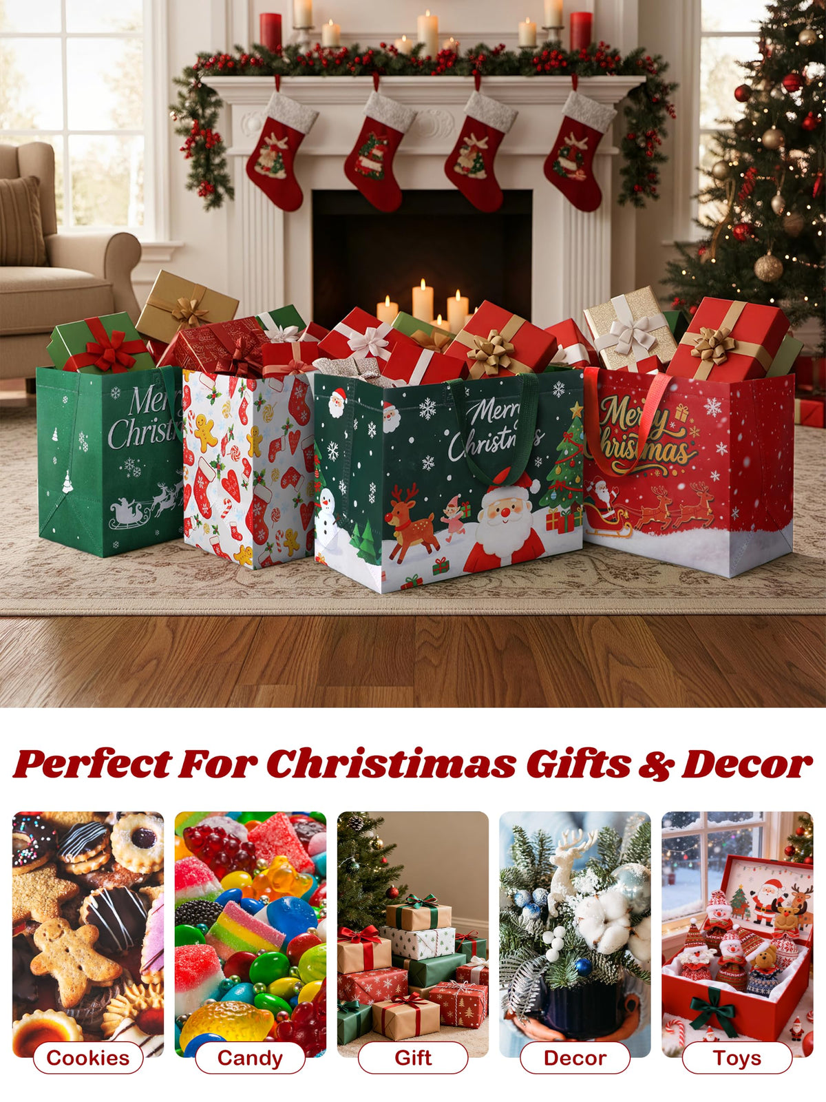 16 Pack Christmas Gift Bags 10.3×4.7×13IN Reusable Tote Bags 8 Designs