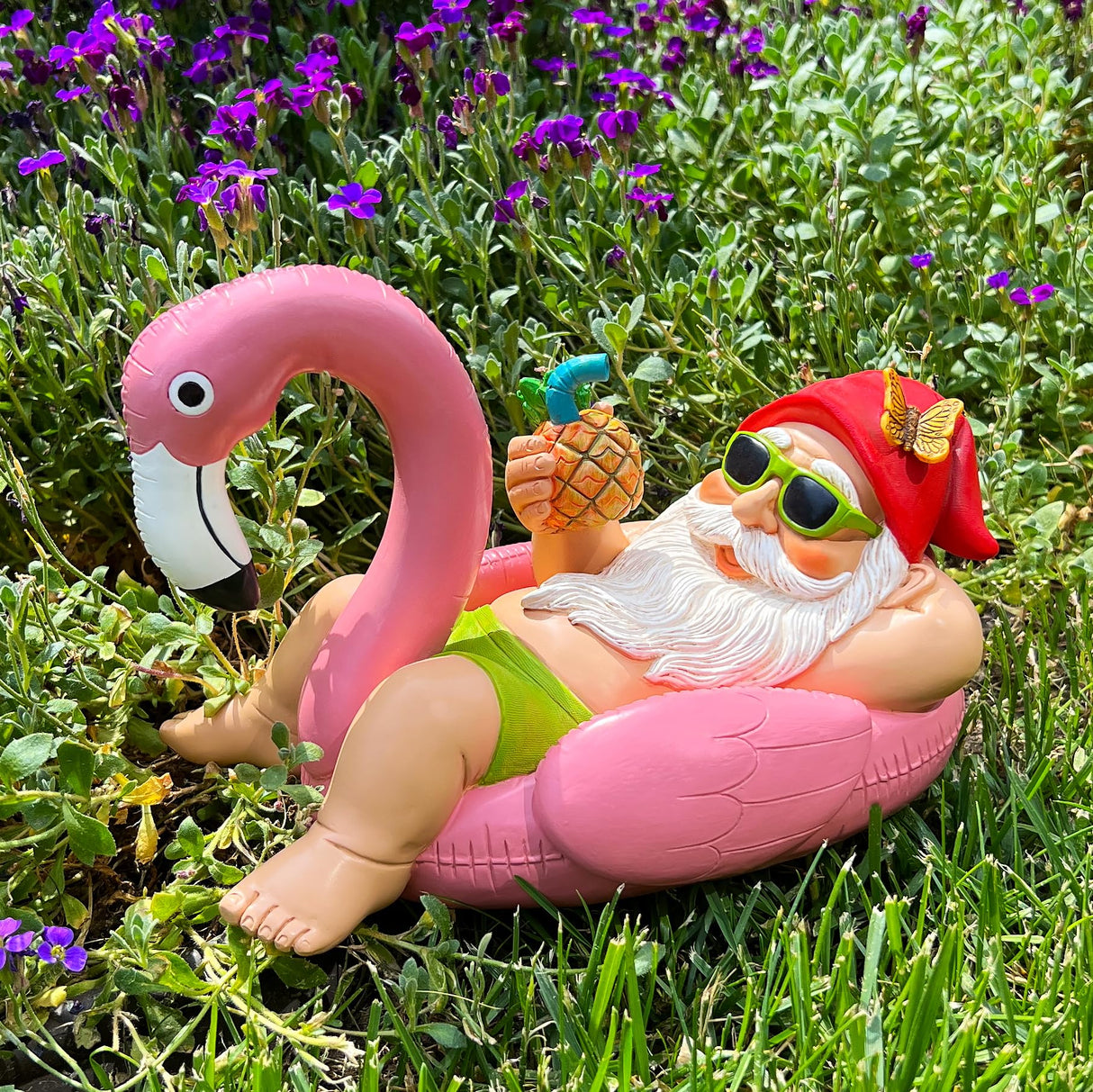 Mood Lab Garden Gnome on Flamingo - Funny Gnome Figurine - 8 Inch Depth Lawn Statue - for Outdoor or House Decor
