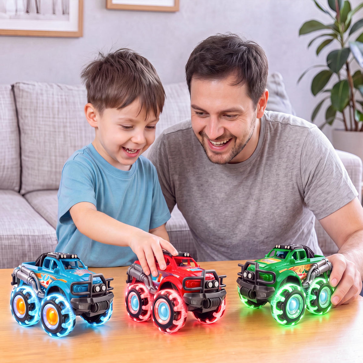 Vroomix 3 Pack Monster Truck Toy - Toy Truck with Flashing LED Wheels - Light-Up Friction-Powered Cars for Kids - Boys Girls Birthday Gift
