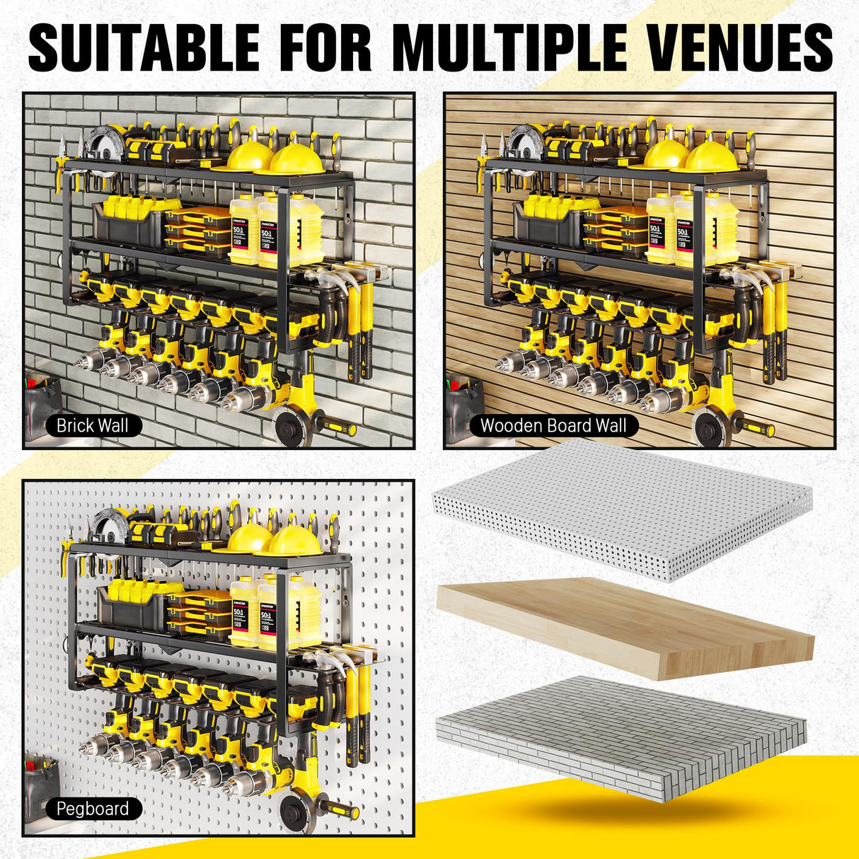 Hipidian Power Tool Organizer Wall Mount- 300lb Capacity 3-Tier Storage Rack with 7 Drill Holders for Garage Tools, Best Birthday Tools Gifts for Men Dad Husband