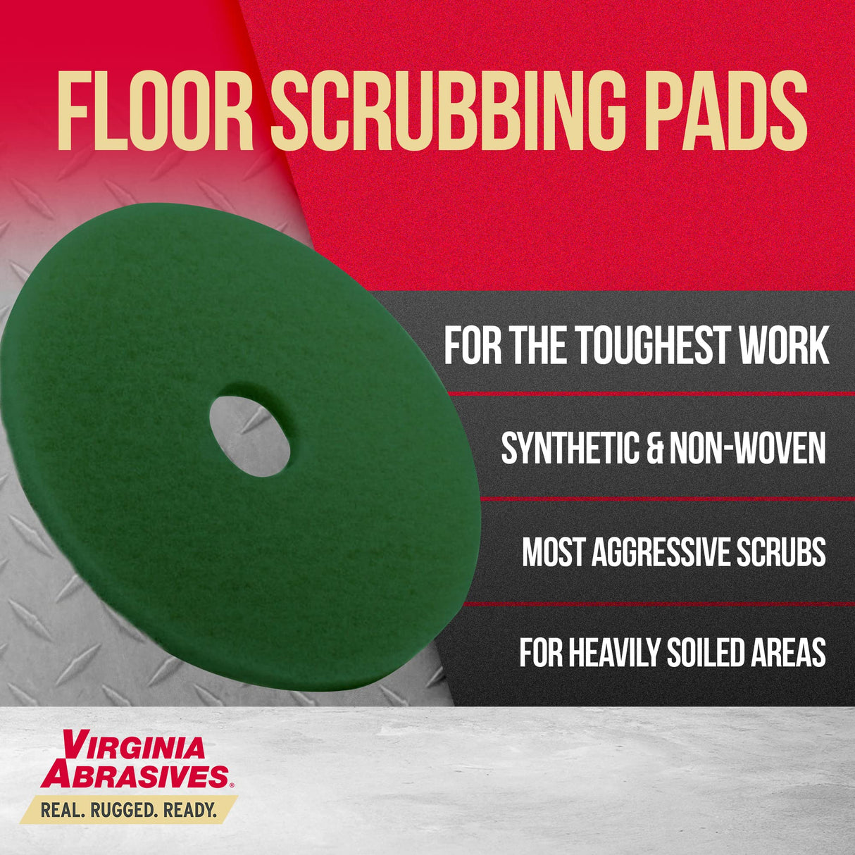 Virginia Abrasives Green Floor Maintenance Pads, Heavy Duty Non-Woven Scrub Pads for Floor Scrubber Machine & Orbital Machines, Deep Cleaning & Light Stripping for Heavily Soiled Floors, 20" - 5 Pack