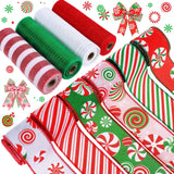 Yuefunny 10 Pcs Christmas Ribbon Including 4 Rolls Mesh Ribbon 6 Rolls Xmas Candy Peppermint Wired Edge Wreath Metallic Wrapping Crafts for Xmas Party Home Decorative DIY Craft