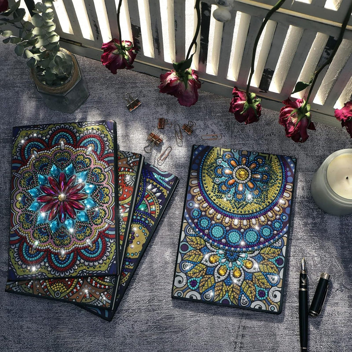 Ctosree 4 Pcs Diamond Art Notebook Kits for Adults 8.3'' x 5.7'' 5d Leather Painting Journals DIY Mandala Flower Gem Dots Sketchbook Craft for Men Women Birthday Gift Christmas with Tools