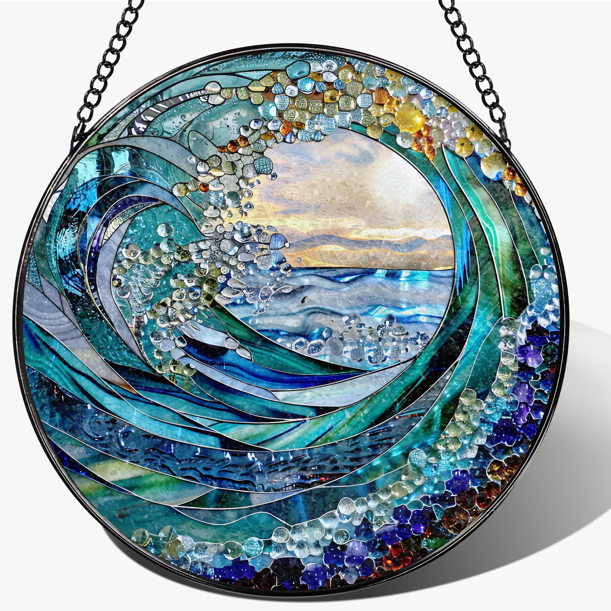 Stained Glass Window Hanging, 7.8" Ocean Wave Stained Glass Suncatcher, Sun Catchers Indoor Window Ornament, Suncatchers for Windows, Doors & Home Decor, Gift for Sea Lovers & Beach Lovers