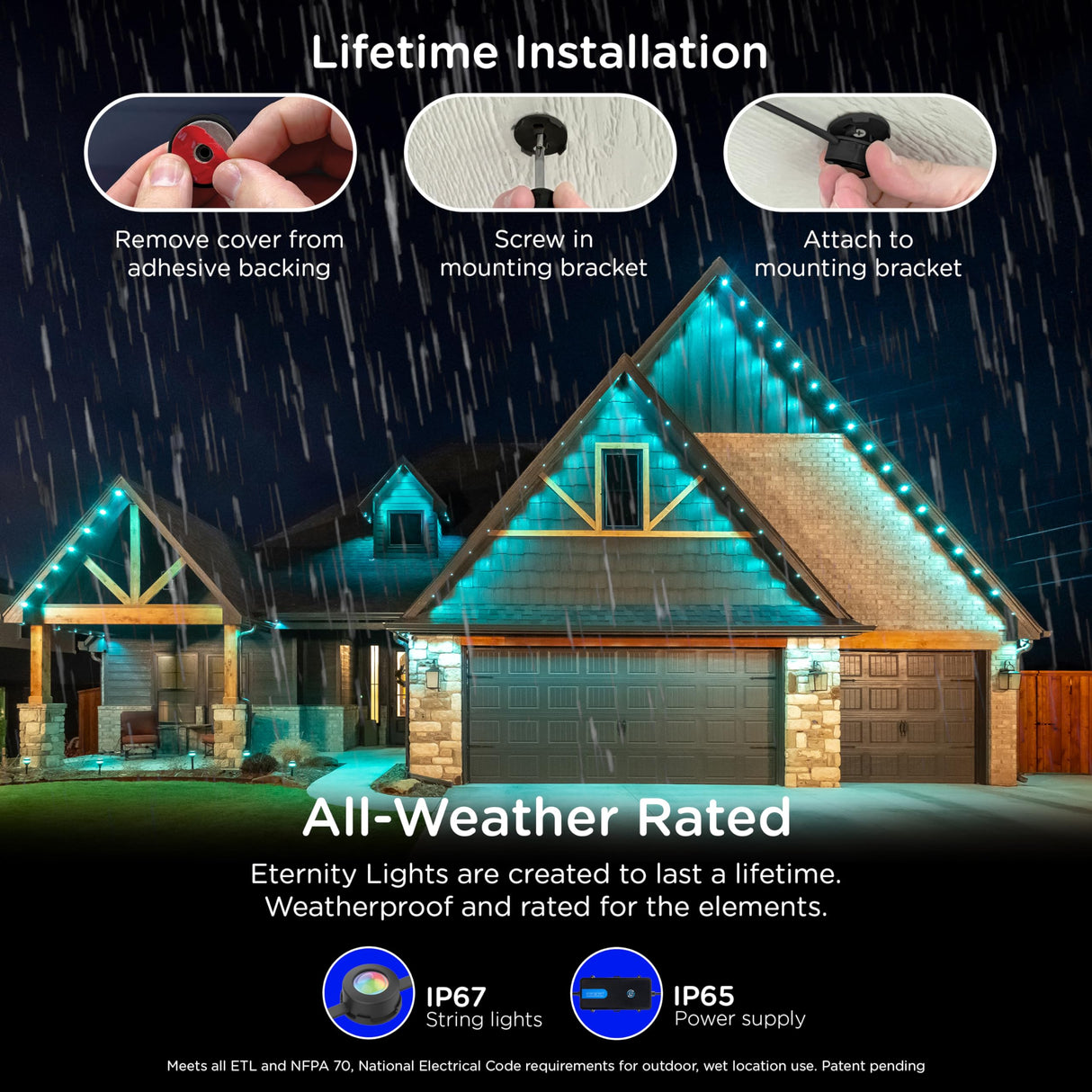 Enbrighten Vibe Eternity Permanent Outdoor Lights for House, 100 Feet, 72 RGBWIC LEDs, Close Spacing, 33lm, Color Changing, Christmas, Eave Lighting, Smart App, Works with Alexa, Google Home, 82730