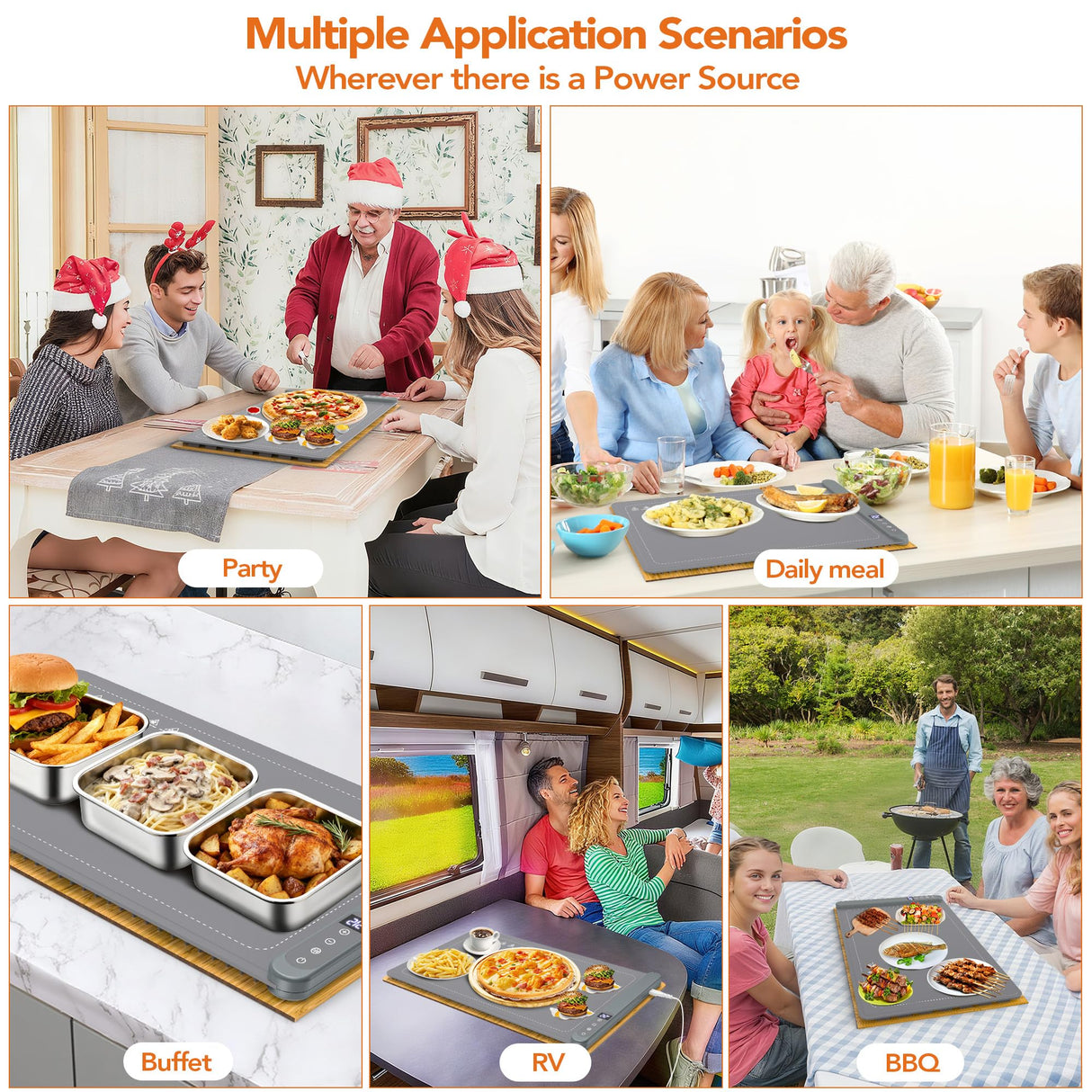 Warming Mat for Food, Electric Warming Tray for Parties Buffet, Graphene 3S Rapid Full-Surface Heating Mat with 8 Levels Adjustable Temp and 12 Hours Timer, Food Warming Pad with Bamboo Insulating Mat