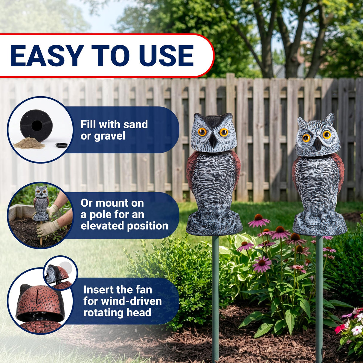Arrigo Fake Owl Decoys to Scare Birds Away – 2pc Wind-Driven Rotating Head – Plastic Owl Statue Scarecrows – Realistic Deterrent for Critters & Squirrels - Garden, Patio, Boats, and Yard Decor