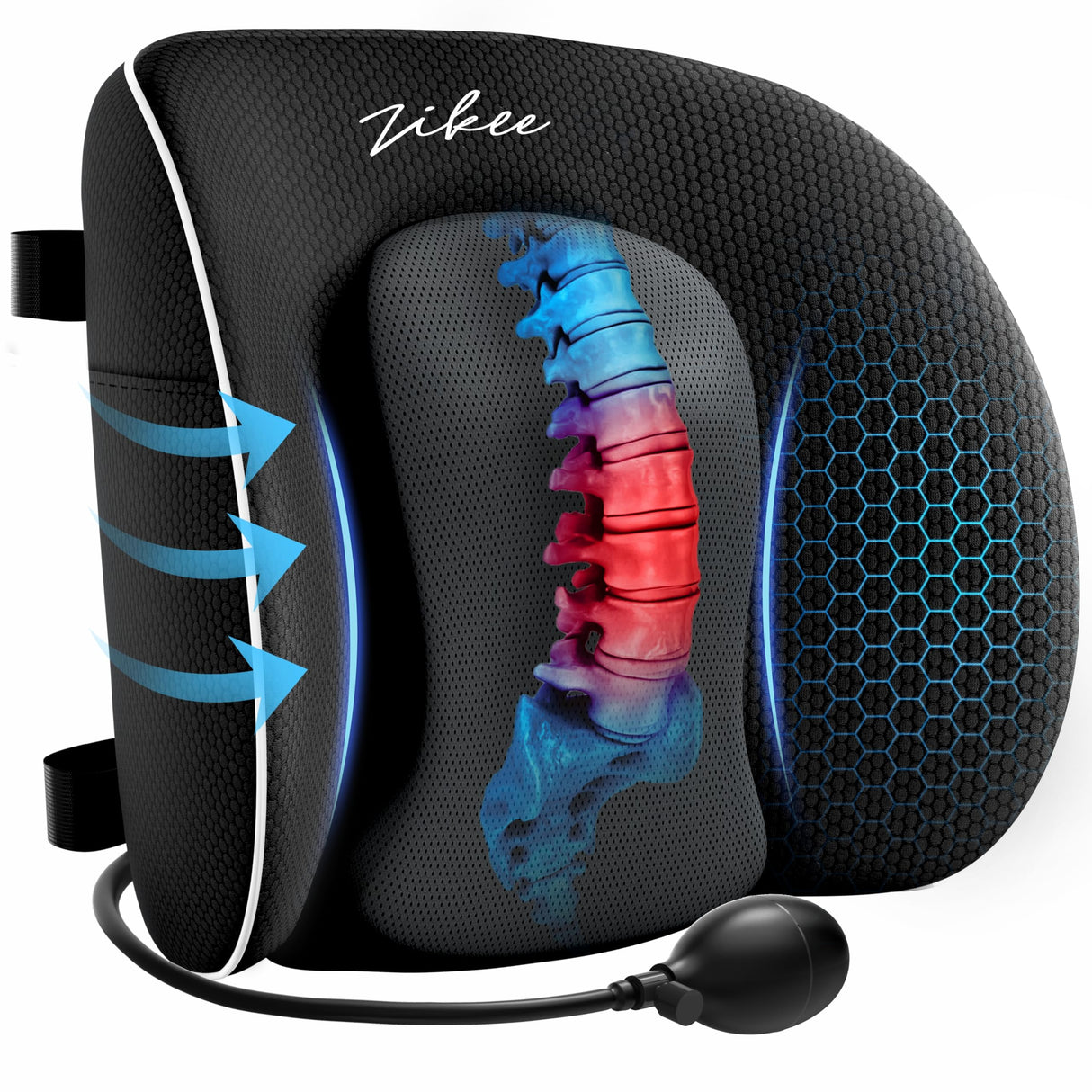 ZIKEE Lumbar Support Pillow for Office Chair and Car Seat with Aribag Design, Adjustable Back Support Lumbar Pillow with Memory Foam for Lower Back Pain Relief & Improved Posture, Dual-Strap Design