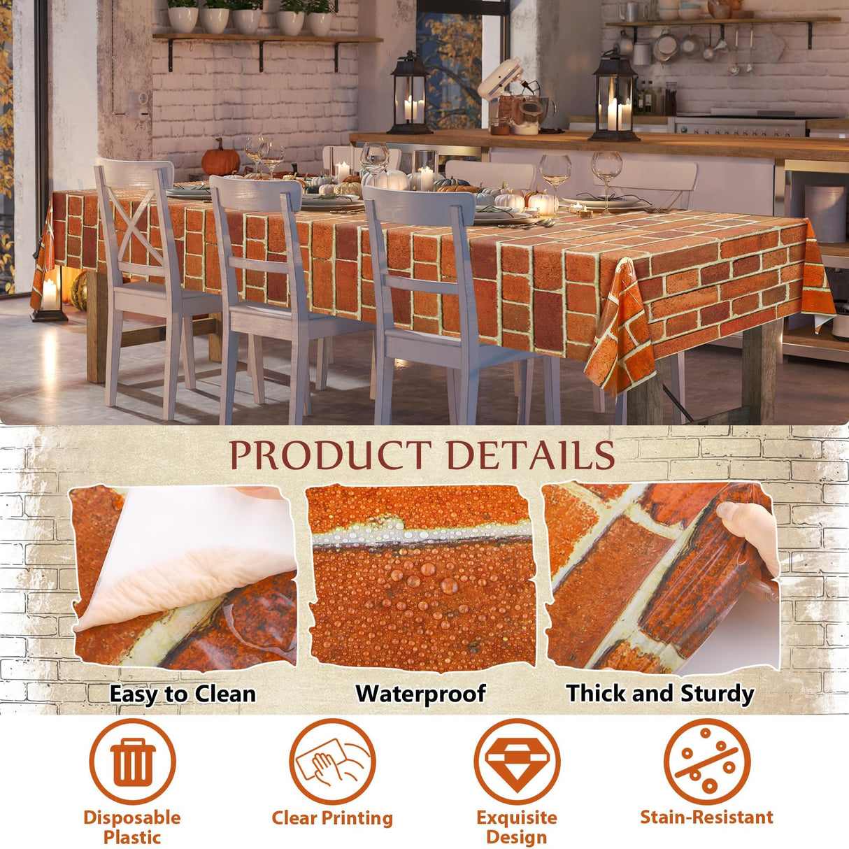 Kochorie 100 Ft x 54 Inch Retro Red Brick Wall Backdrop Tablecloth Roll with Cutter Box Disposable Vintage Stone Brick Door Wallpaper Tablecover for Christmas Halloween Birthday Party Decorations