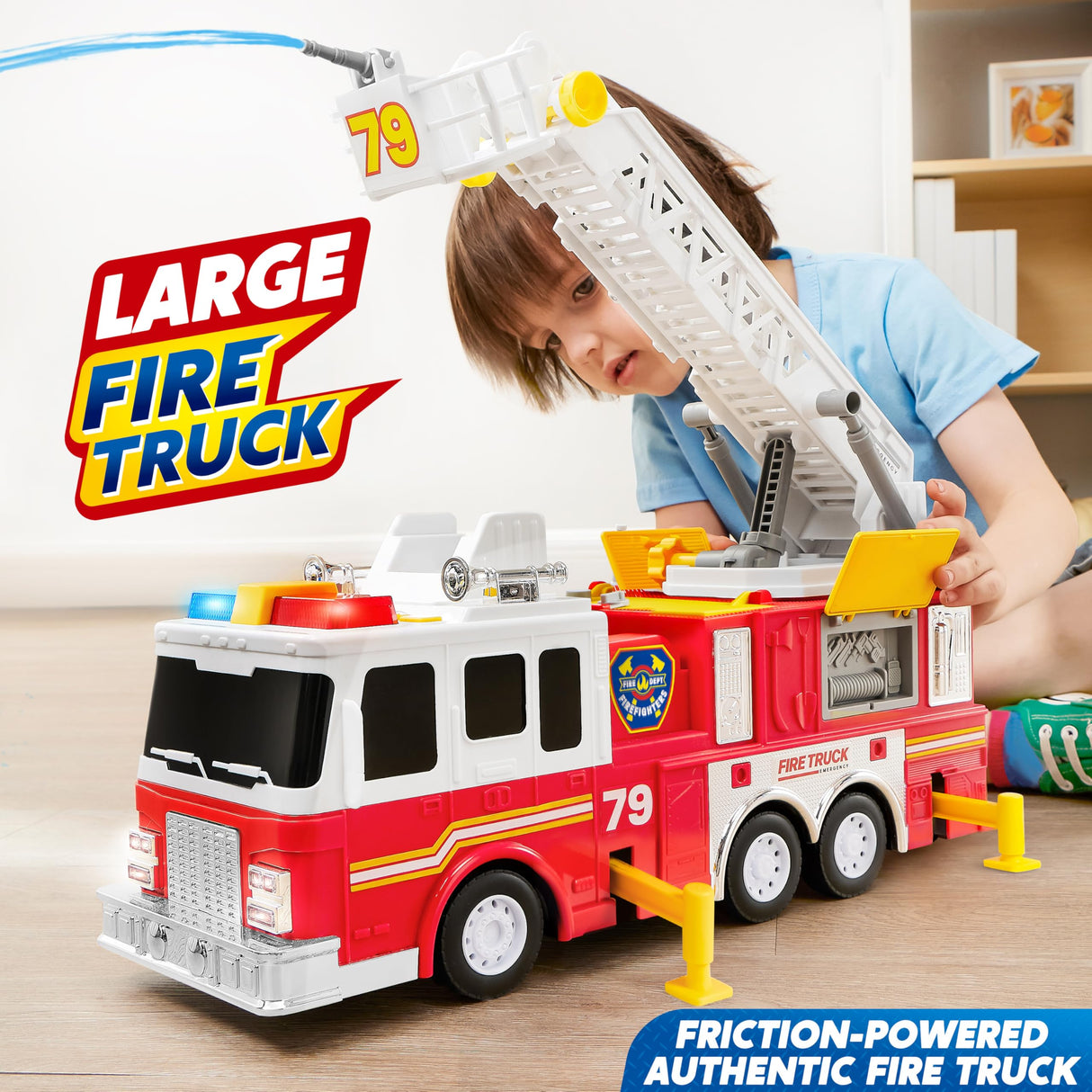 Extra Large Toddler Fire Truck Toys for Boys with 33-inch Ladder, Realistic Sirens, Lights & Sprinkler Pump, Big Firetruck Emergency Vehicle, Kids Toys for Age 3, 4, 5, 6, 7, Christmas Birthday Gift