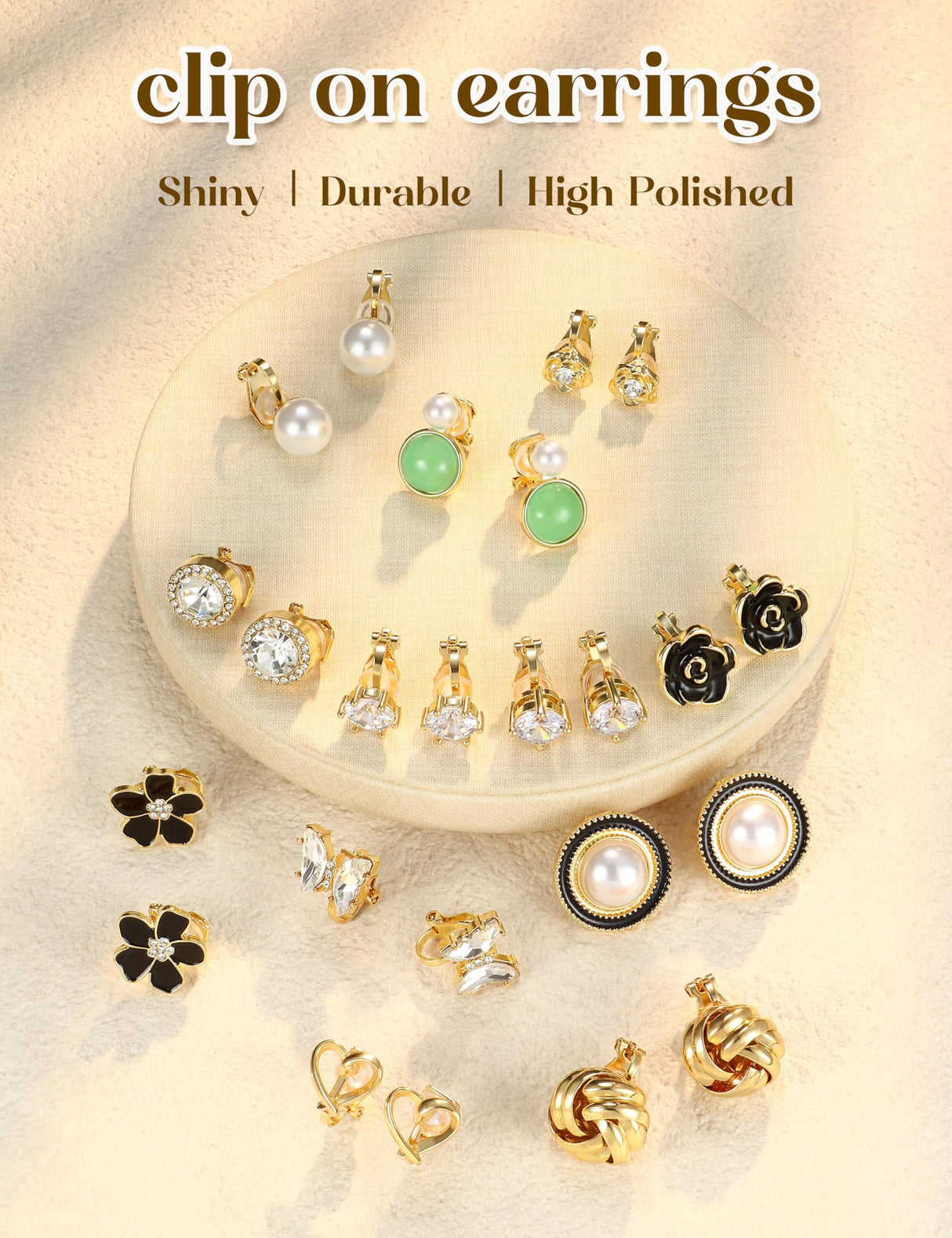THUNARAZ 12 Pairs Gold Clip on Earrings for Women CZ Pearl Non Piercing