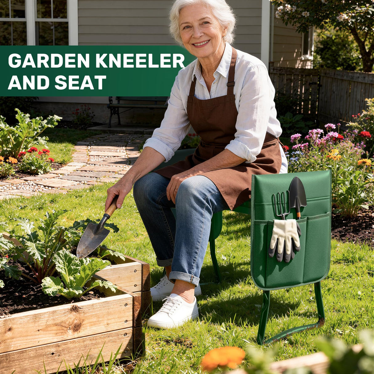 Zelurelle Garden Kneeler and Seat, 2-in-1 Gardening Kneeling Bench, Foldable Heavy Duty Garden Stool with Cushioned Pad, Gardening Gifts for Seniors Women -1PCS