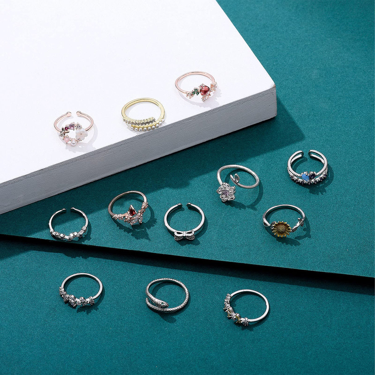 12 Pcs Rose Gold Rings for Women Knuckle Rings Set - Engagement Rings for Women - Cubic Zirconia Rings for Teen Girls - Stackable Rings for Women Finger Rings- Pack of Silver Rings for Teen Girls