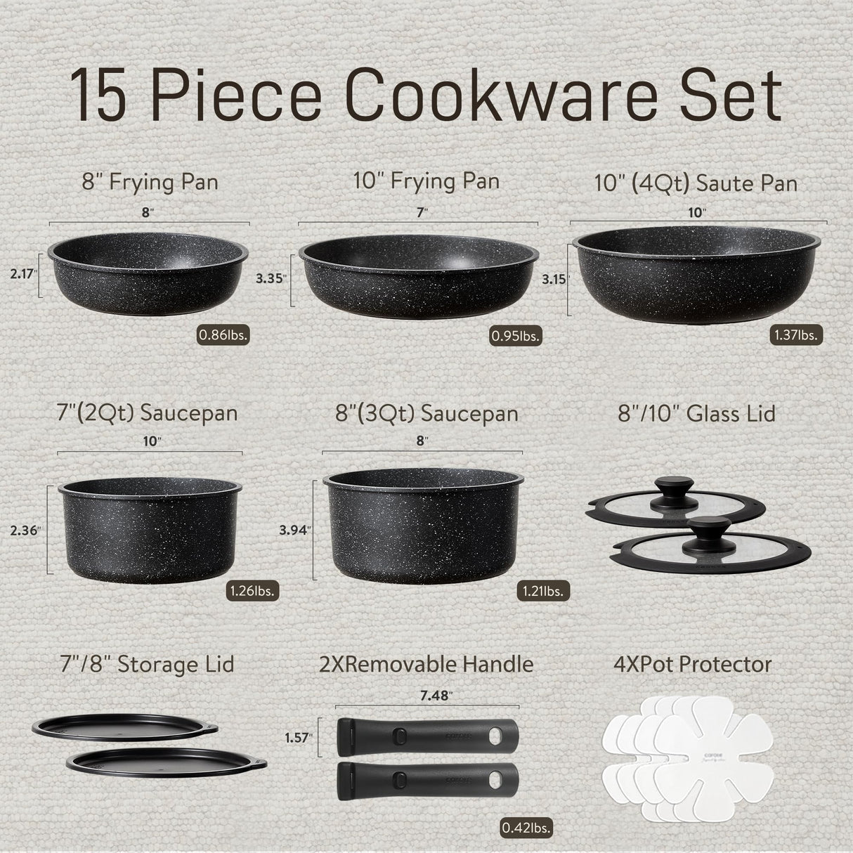 CAROTE 15pcs Pots and Pans Set Non Stick, Cookware Sets, Kitchen Set, Oven/Dishwasher/Fridge Safe, Space Saving Pots Set, Nonstick Set with Versatile Detachable Handle, Induction RV Set