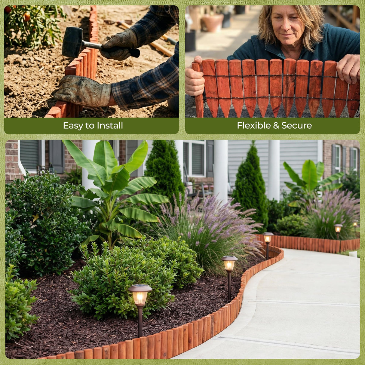 WORTH Garden Edging Border 7.9" H x 42" L, Flexible Short Wood Fence Roll Brick Red Finish, Wooden Lawn Edging for Landscaping, Wood Edging Borders for Flower Beds, Lawn & Tree Borders