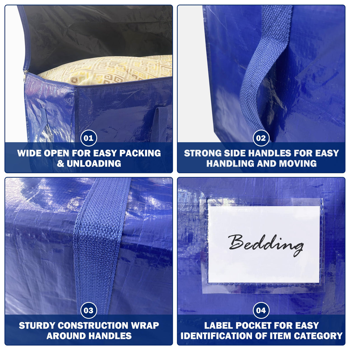 8 Pack Extra Heavy Duty Large Moving Bags with Strong Zipper & Carrying Handles, Sturdy Clothes Storage Bags Totes Bins, Packing Bag Move Boxes College Moving Supplies, Dark Blue - 24 gal