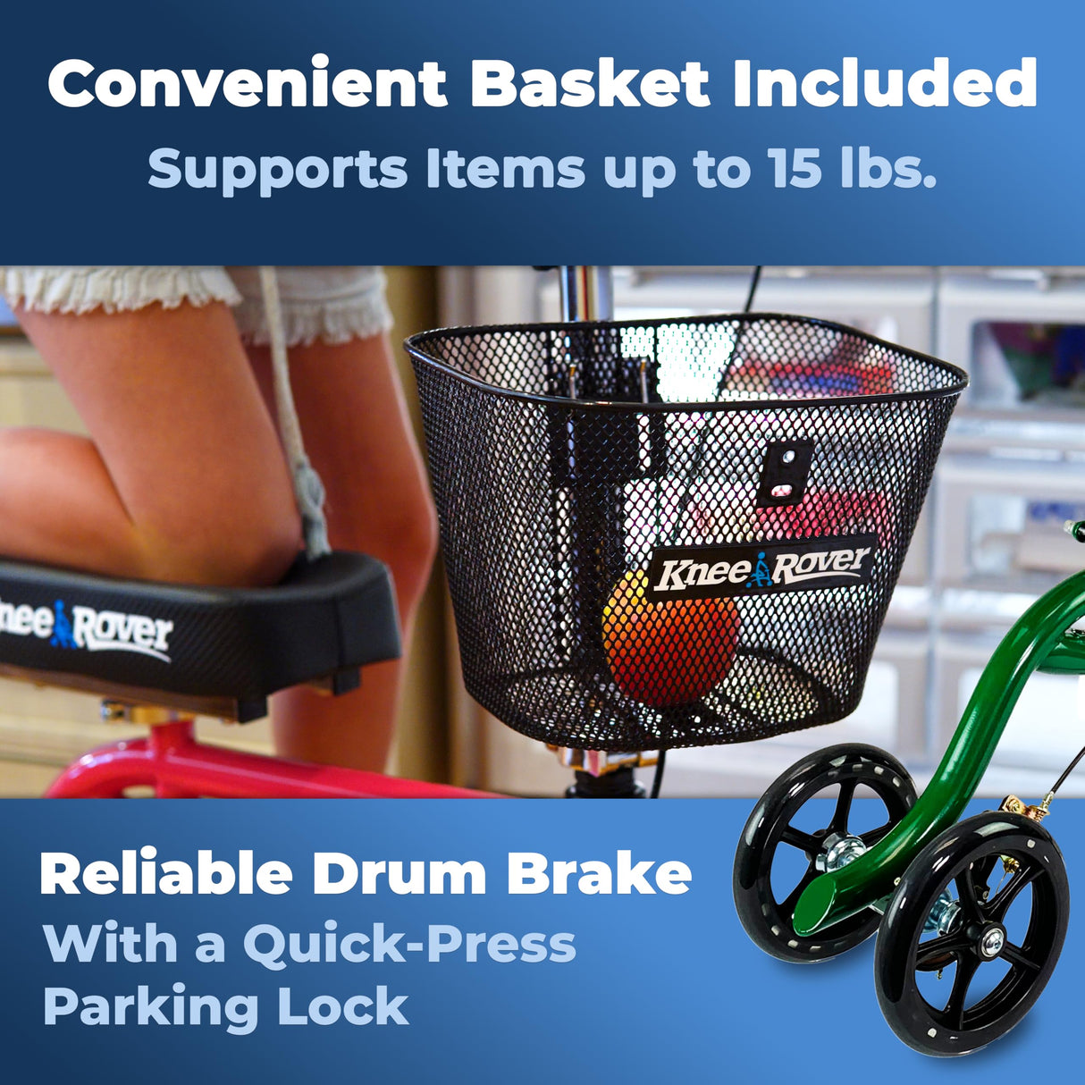 KneeRover Steerable Knee Scooter Knee Walker for Adults for Foot Surgery, Broken Ankle, Foot Injuries - Foldable Knee Rover Scooter for Broken Foot Injured Leg Crutch Alternative with Basket Green