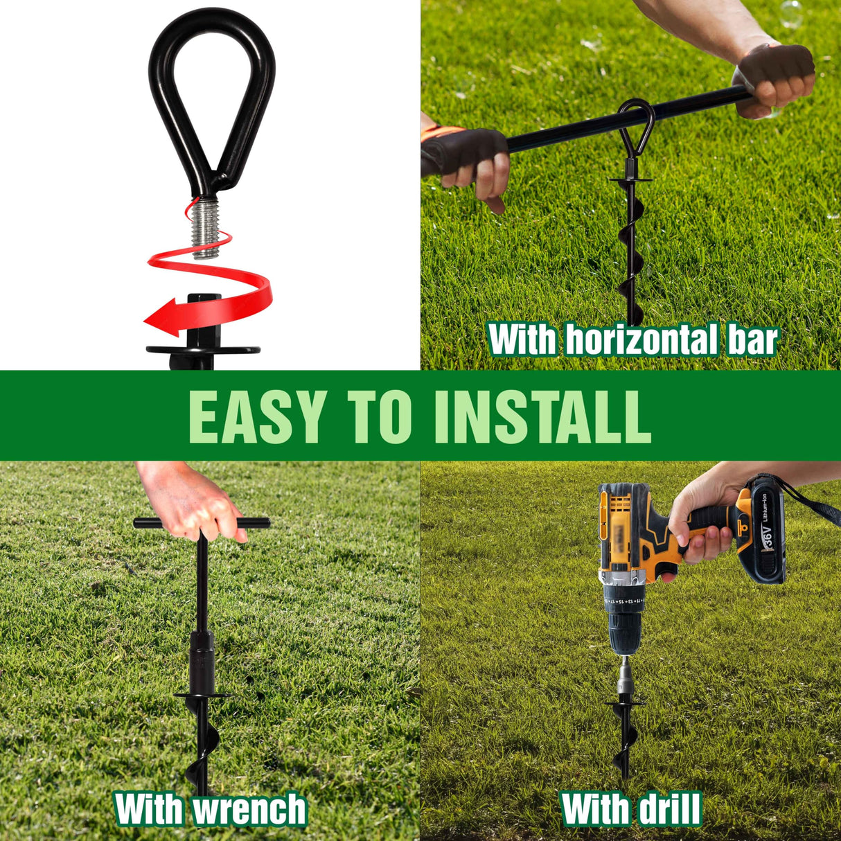 VASGOR 18" Ground Anchors (4pcs) Easy to Use with Drill, Heavy Duty Anchor Hook for Camping Tent, Canopies, Car Ports, Sheds, Swing Sets, Securing Animals – Black Powder Coated