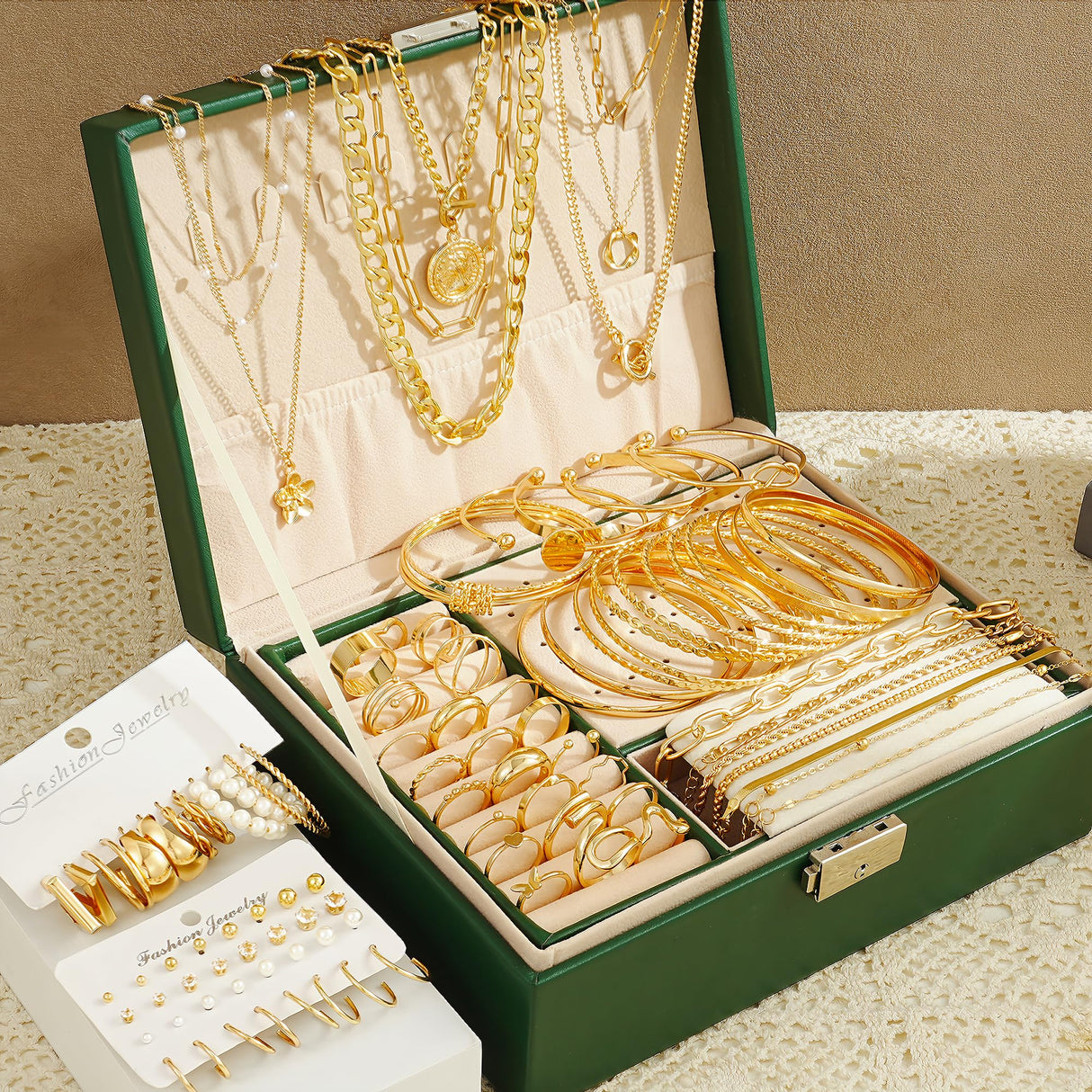 17 MILE 78 Pieces Gold Jewelry Set for Women, 9 Necklace, 24 Bangle Bracelet, 22 Earrings, 23 Knuckle Rings Ties Gold Plated Jewerly set for Women Gift