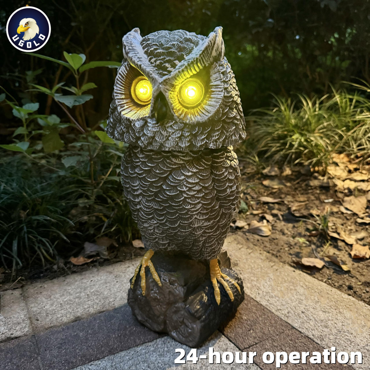 Ugold Solar Powered Garden Owl with Motion Detection, Rotating Head, Realistic Hoots and Silent Mode, Outdoor Statue and Sculpture, Owl Decoration for Home, Garden, Patio and Lawn