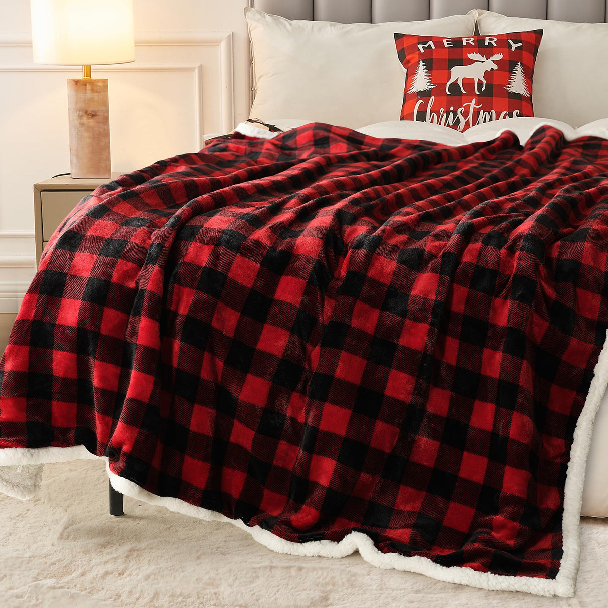 BEAUTEX Sherpa Fleece Flannel Blanket Twin Size, Super Soft Warm Buffalo Plaid Plush Microfiber Blankets, Cozy Fuzzy Christmas Blanket for Couch Sofa Bed (Red, 60" x 80")