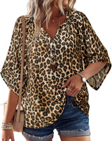 Bebonnie Leopard Print Tops for Women: Womens 3/4 Sleeve Fancy V Neck Work Formal Peasant Blouses Dressy Casual Shirts Flowy Holiday Christmas Outfits Loose Fit Tunic Tops Black Leopard XXL