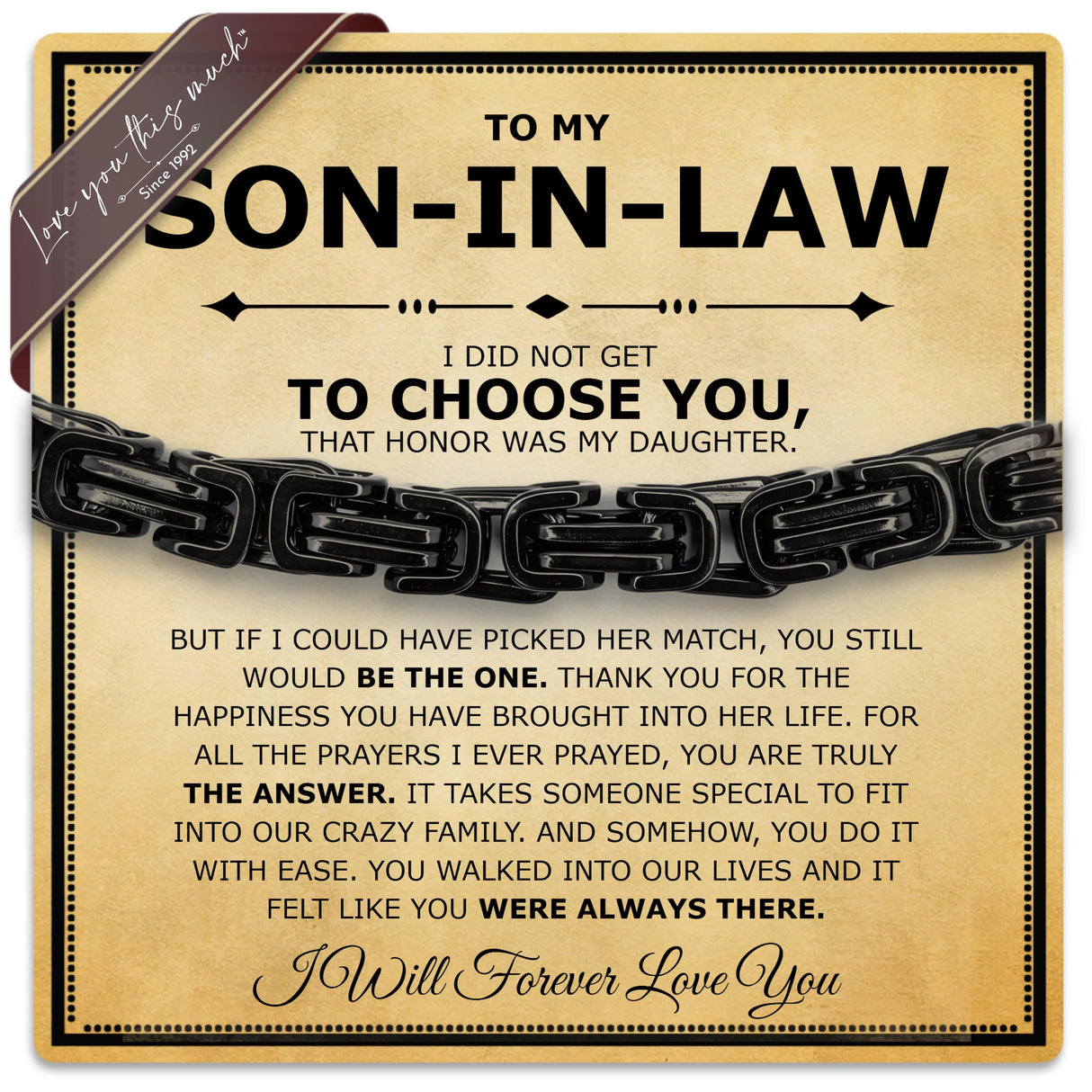 Love You This Much Son In Law Gift | Mens 5mm Twist Link Steel Bracelet | Best Present Ideas for Son in Law | 8" + 1" Extender | Luxury Gift Box & Card (Black/Black)