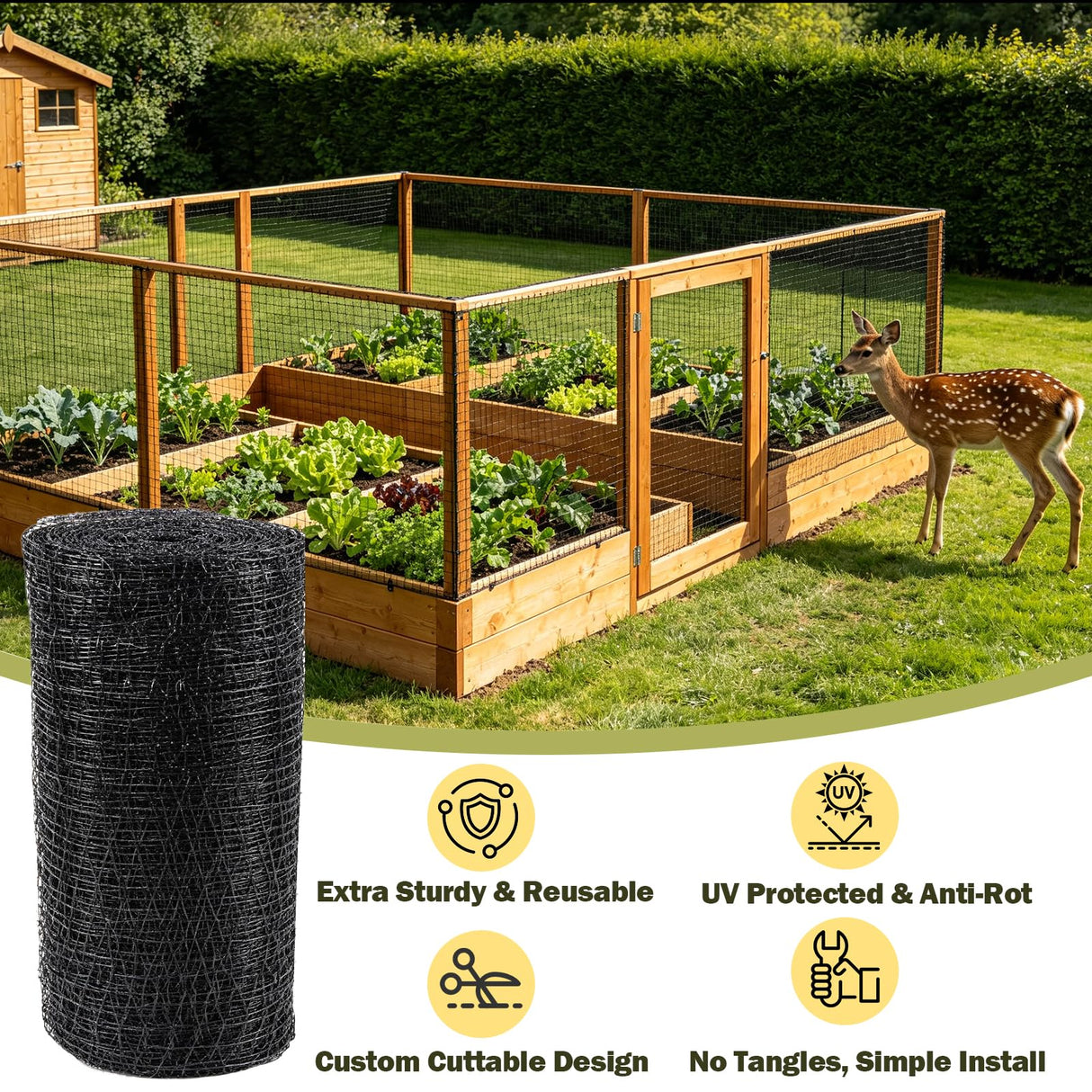 Jollybower Deer Fence Netting, 7 x 100 Feet Heavy Garden Netting Anti Bird Protective Net Reusable for Plants Fruit Trees Vegetables Against Birds Deer Squirrels and Other Animals