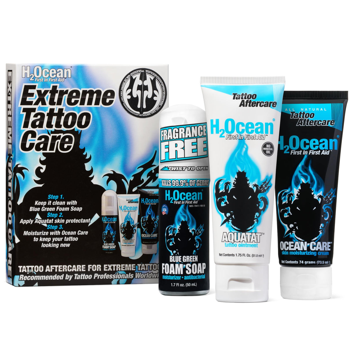 H2Ocean Extreme Tattoo Care Kit for Hard to Heal Tattoos - Tattoo Soap, Ointment & Cream for Tattoo Aftercare - 1.7 oz Blue Green Foam Soap, 74 g Ocean Care Moisturizer & 1.75 oz Aquatat Ointment