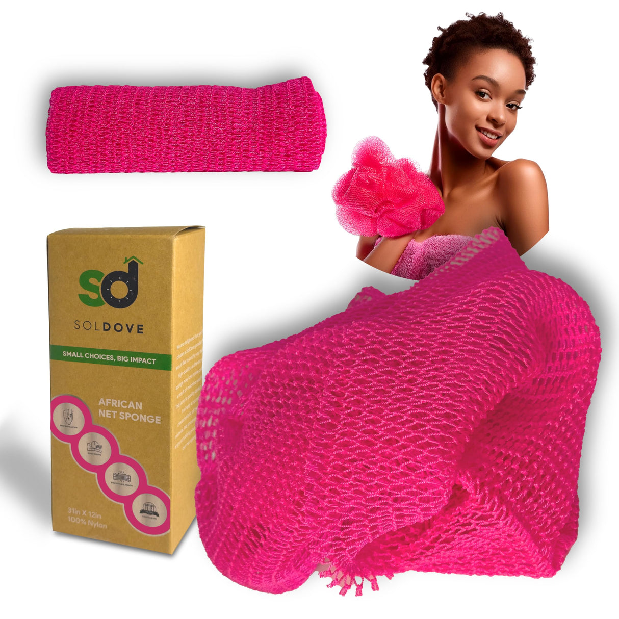 SolDove Bath Sponge Exfoliating Washcloth for Body African Net Shower Exfoliating Towel Back Scrubber Shower Rag Bath Accessories for Smoother Skin (Pink)
