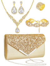 Henoyso 5 Pcs Rhinestone Jewelry Sets Prom Purse for Women, Gold