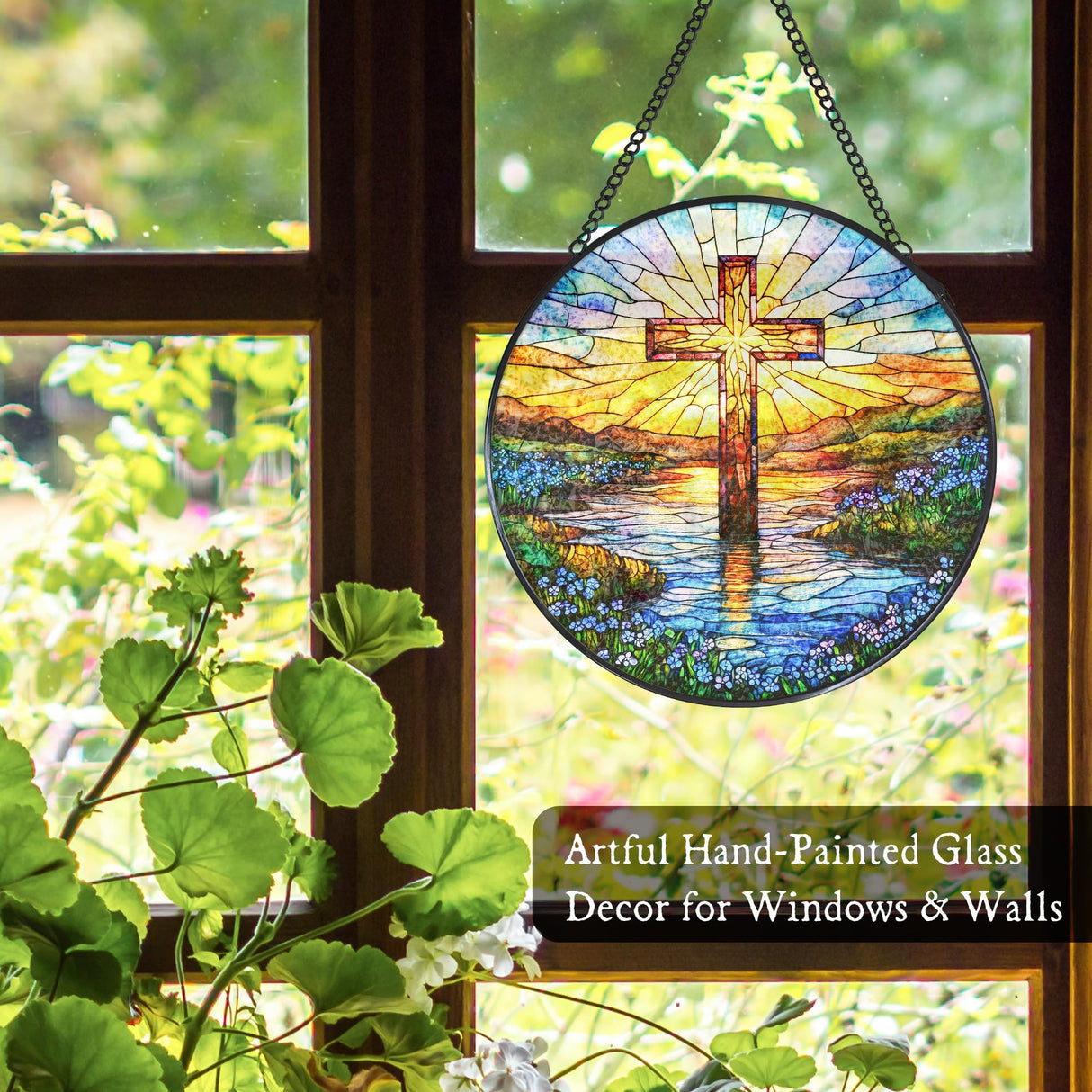 WUHSDIBC Cross Forget Me Not Stained Glass Window Hanging Suncatcher, Christian Flower Sunset Sun Catcher Indoor Window Decor Gifts, Religious Painted Glass Round Wall Hanging Decorations 7.8x7.8 in