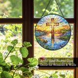 WUHSDIBC Cross Forget Me Not Stained Glass Window Hanging Suncatcher, Christian Flower Sunset Sun Catcher Indoor Window Decor Gifts, Religious Painted Glass Round Wall Hanging Decorations 7.8x7.8 in
