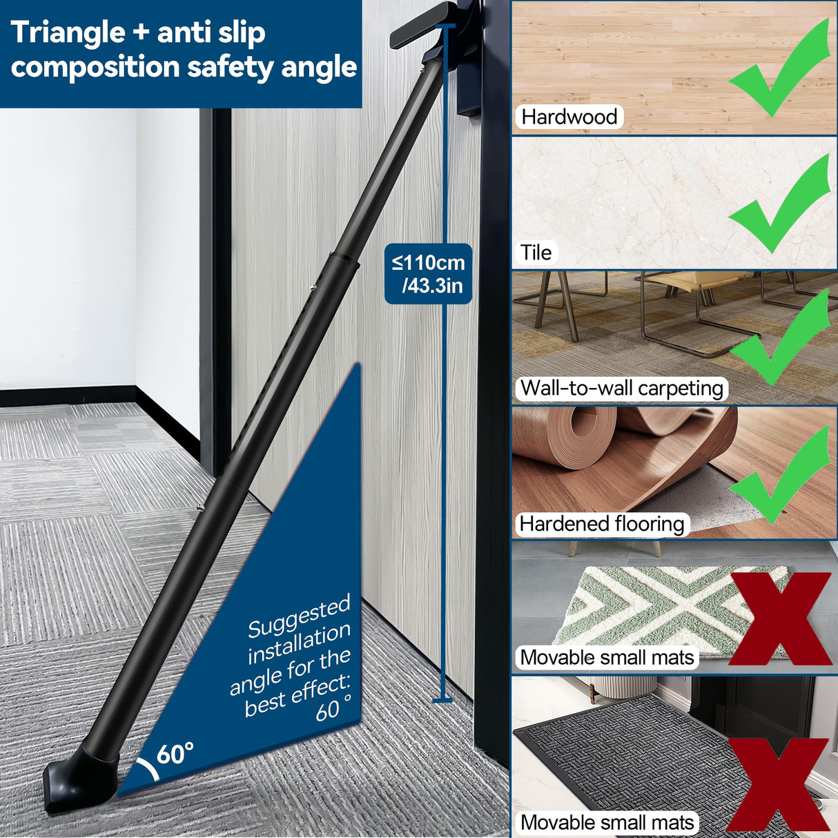 Door Security Bar, Rerishom Door Stoppers Security bar,Heavy Duty Door Lock Security Door Jammer Door Stopper for Apartment, Hotel Room,Screen Door Hardware (Dark Black, 2 Pack)