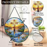 WUHSDIBC Cross Forget Me Not Stained Glass Window Hanging Suncatcher, Christian Flower Sunset Sun Catcher Indoor Window Decor Gifts, Religious Painted Glass Round Wall Hanging Decorations 7.8x7.8 in