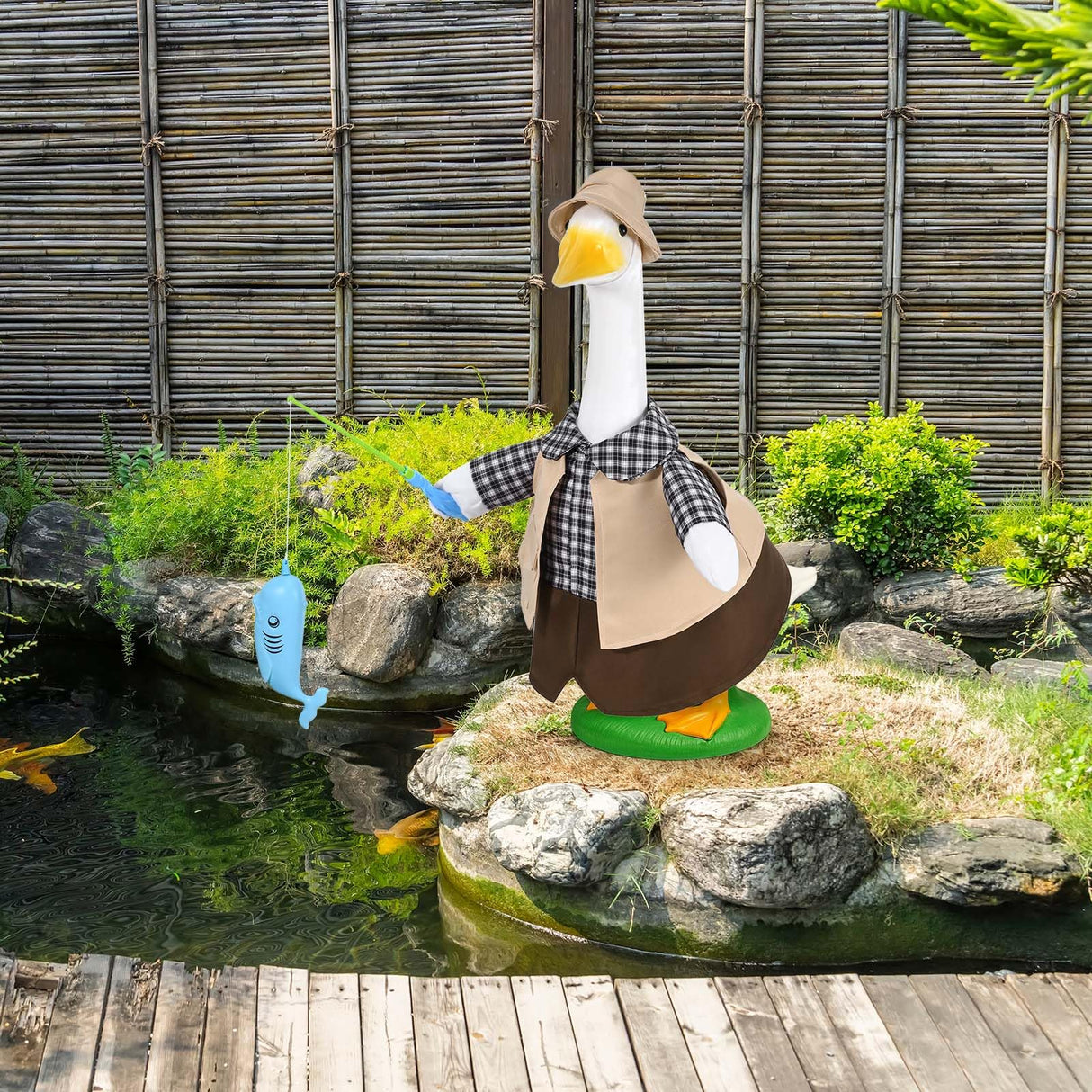 JcHrmers Fishing Porch Goose Outfits Fisherman Lawn Goose Clothes Fit 23" High Cement or Plastic Goose Statue for Outdoor Garden Yard Patio Decor
