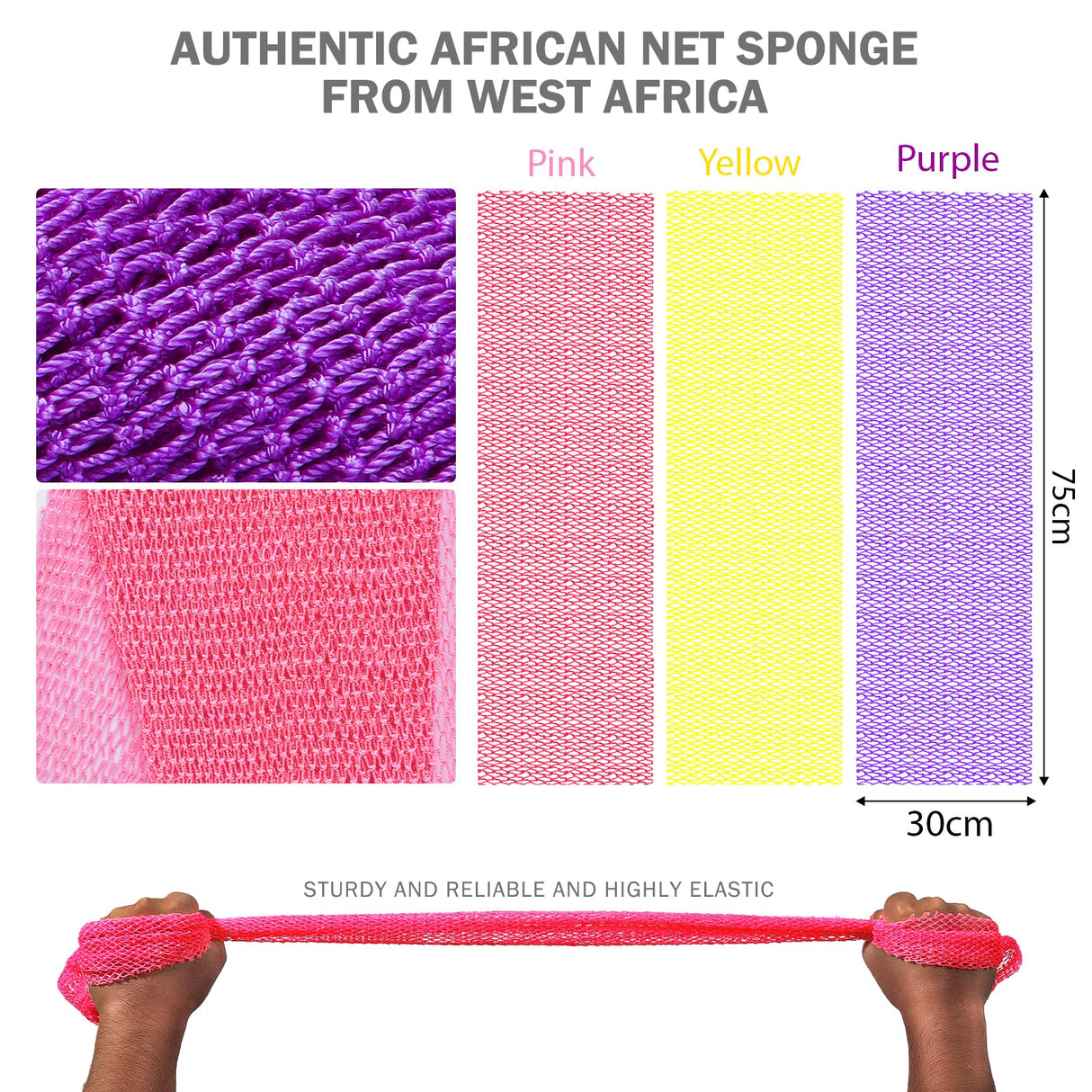 3 Pack African Net Sponge – Real Authentic Exfoliating Bath Sponges for Silky Smooth Skin, Deep Cleansing Mesh for Full Body, Quick-Drying & Travel-Friendly（Yellow Pink Purple）