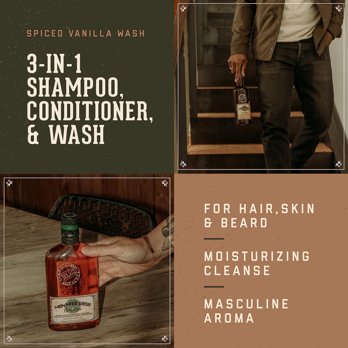 18.21 Man Made Original Spiced Vanilla 3-in-1 Body Wash, Shampoo, & Conditioner for Men, All Hair & Skin Types, Strengthens and Moisturizes in a Manly Aroma, 32oz