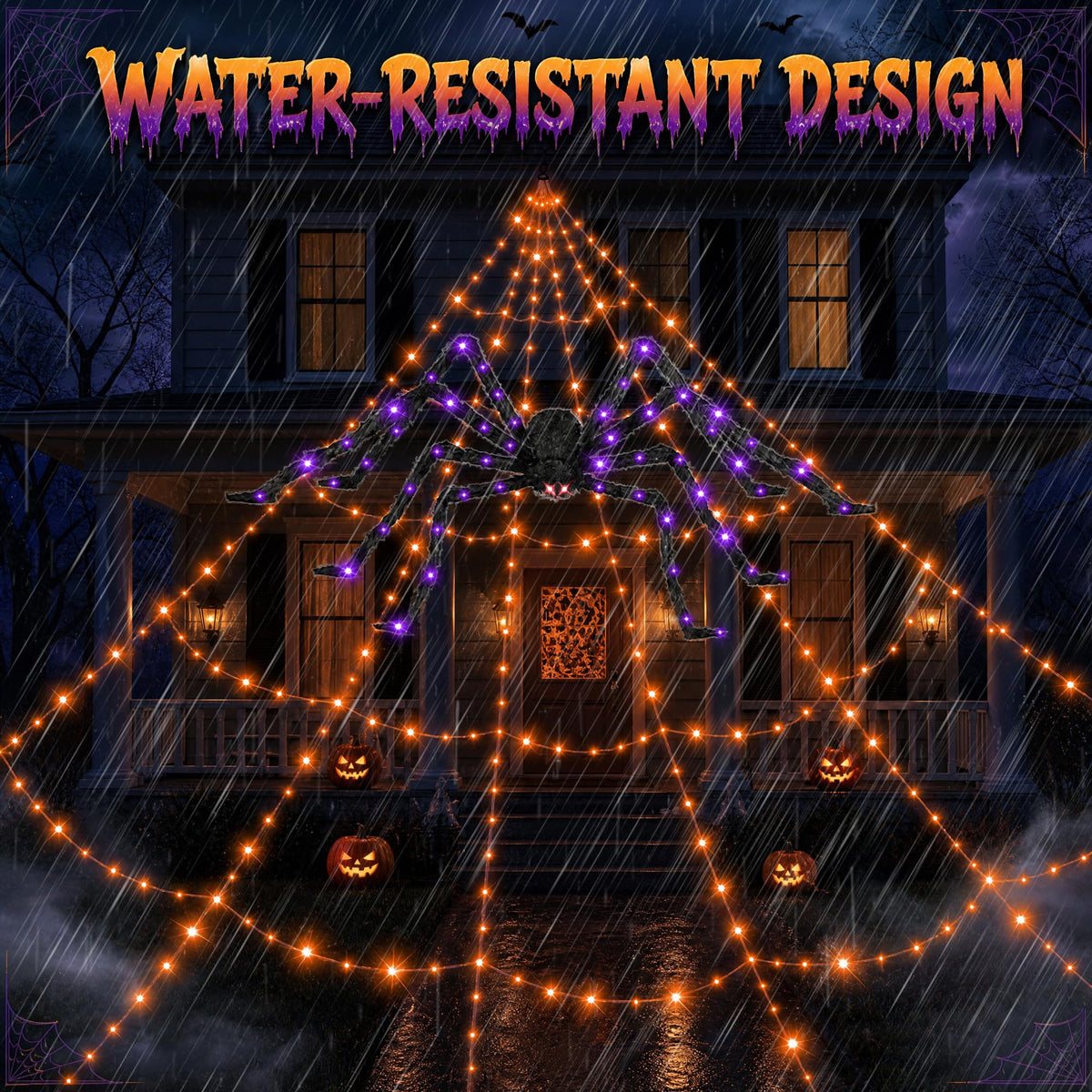 Halloween Decorations Outdoor Spider Web Lights - 550 LEDs Purple and Orange Remote Control Timer Plug in Giant Halloween Decor Cobwebs - 11 Modes Lighting Waterproof Yard Garden Party Decorations