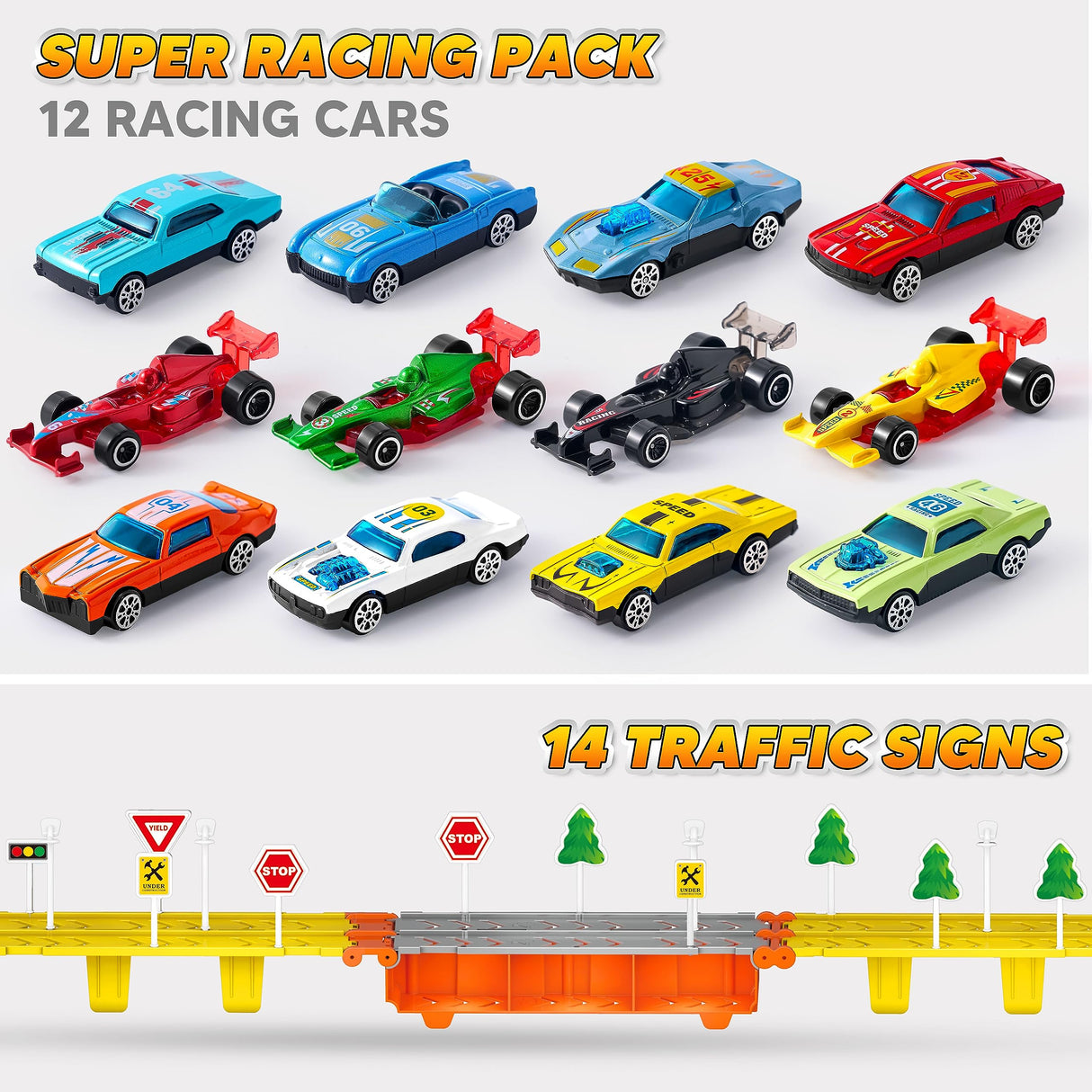 JOYIN Toy Truck for Kids, Race Toy Cars, 60" Extra Long Race Track and 12 Die-Cast Metal Cars, Toddler Carrier Truck with Lights & Sounds, Christmas Birthday Gifts for 2 3 4 5 6 7 Years Old Grandkids